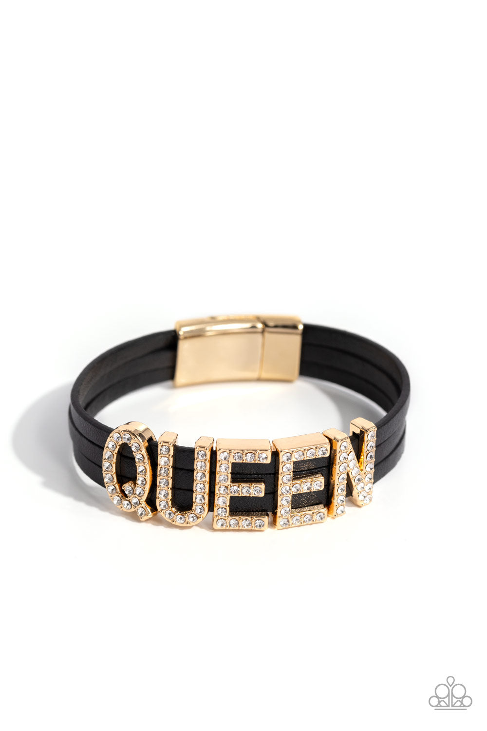 Queen of My Life - Gold Letters White Rhinestone "QUEEN" Black Leather Magnetic Closure Bracelet Paparazzi B1489