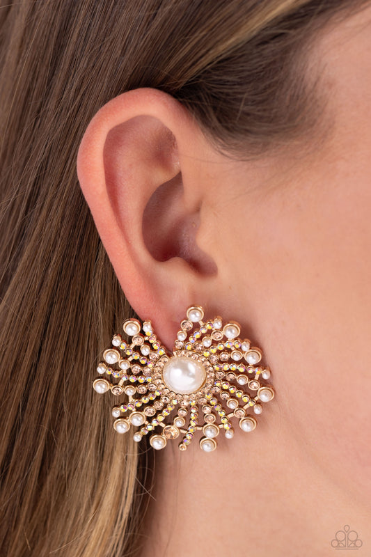 Fancy Fireworks - Gold & Light Topaz Pearly Center Firework Like Post Earring Paparazzi E1807