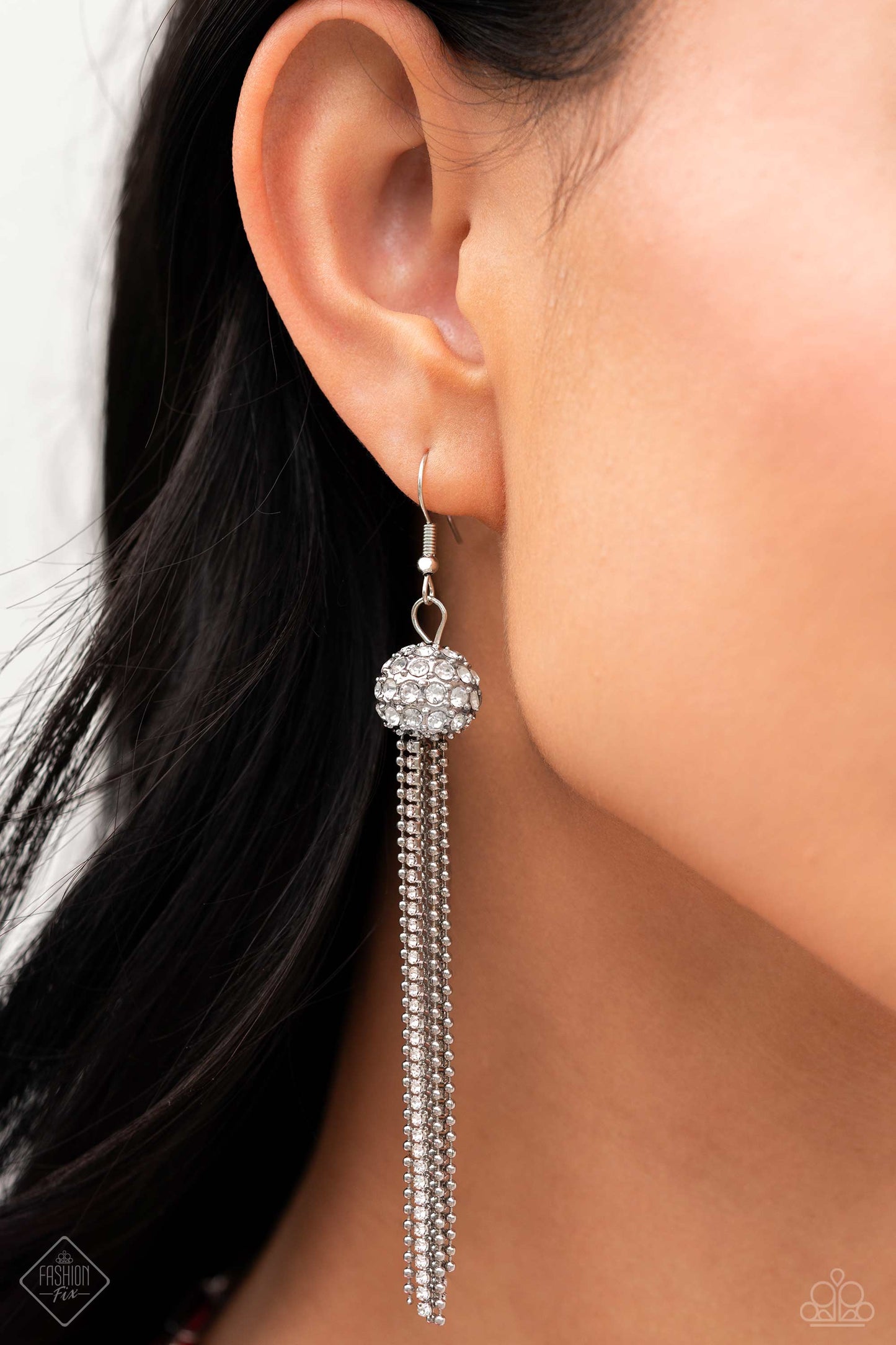 Polished Paramount - White Rhinestone Encrusted Ball & Chain Earring Fashion Fix November 2023 Paparazzi E1776