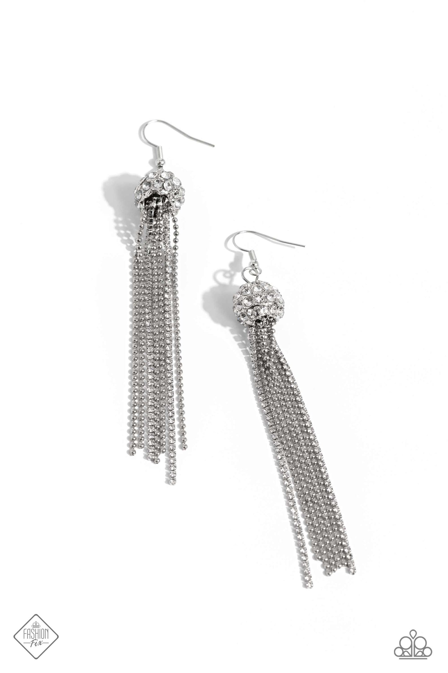 Polished Paramount - White Rhinestone Encrusted Ball & Chain Earring Fashion Fix November 2023 Paparazzi E1776