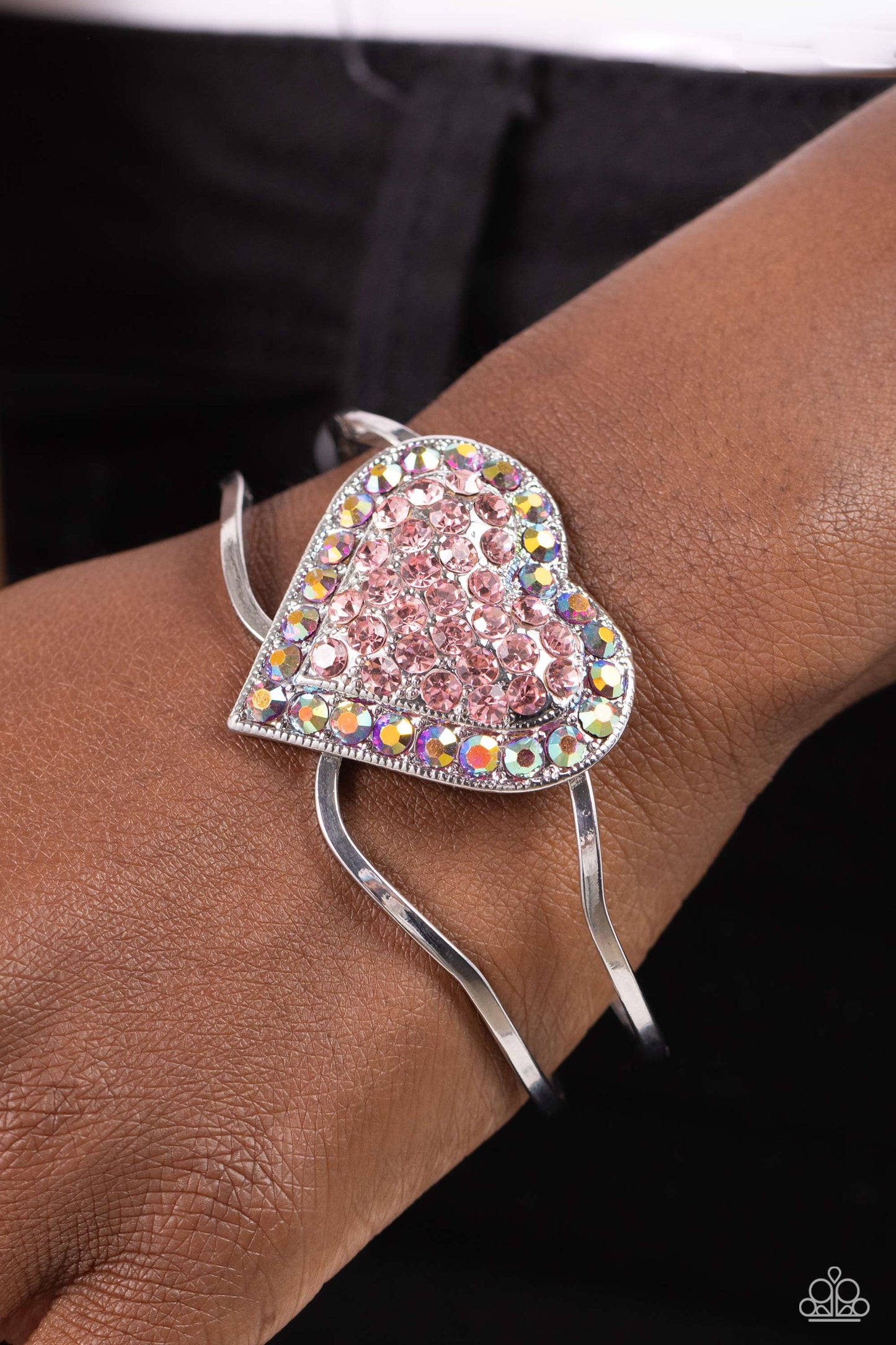 Flirtatious Finale - Pink - Light Pink Rhinestone & Fuchsia Iridescent Rhinestone Hinge Bracelet Paparazzi B1410