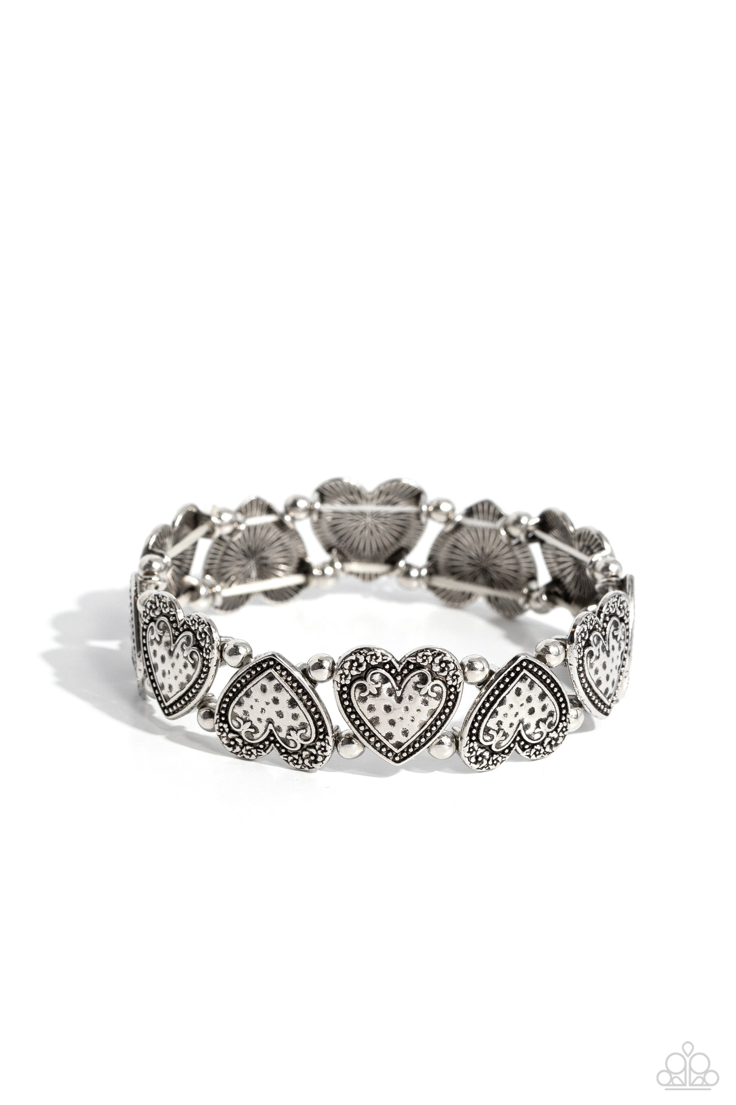 Date Night Deluxe - Silver Hammered Heart Stretch Bracelet Paparazzi B1678