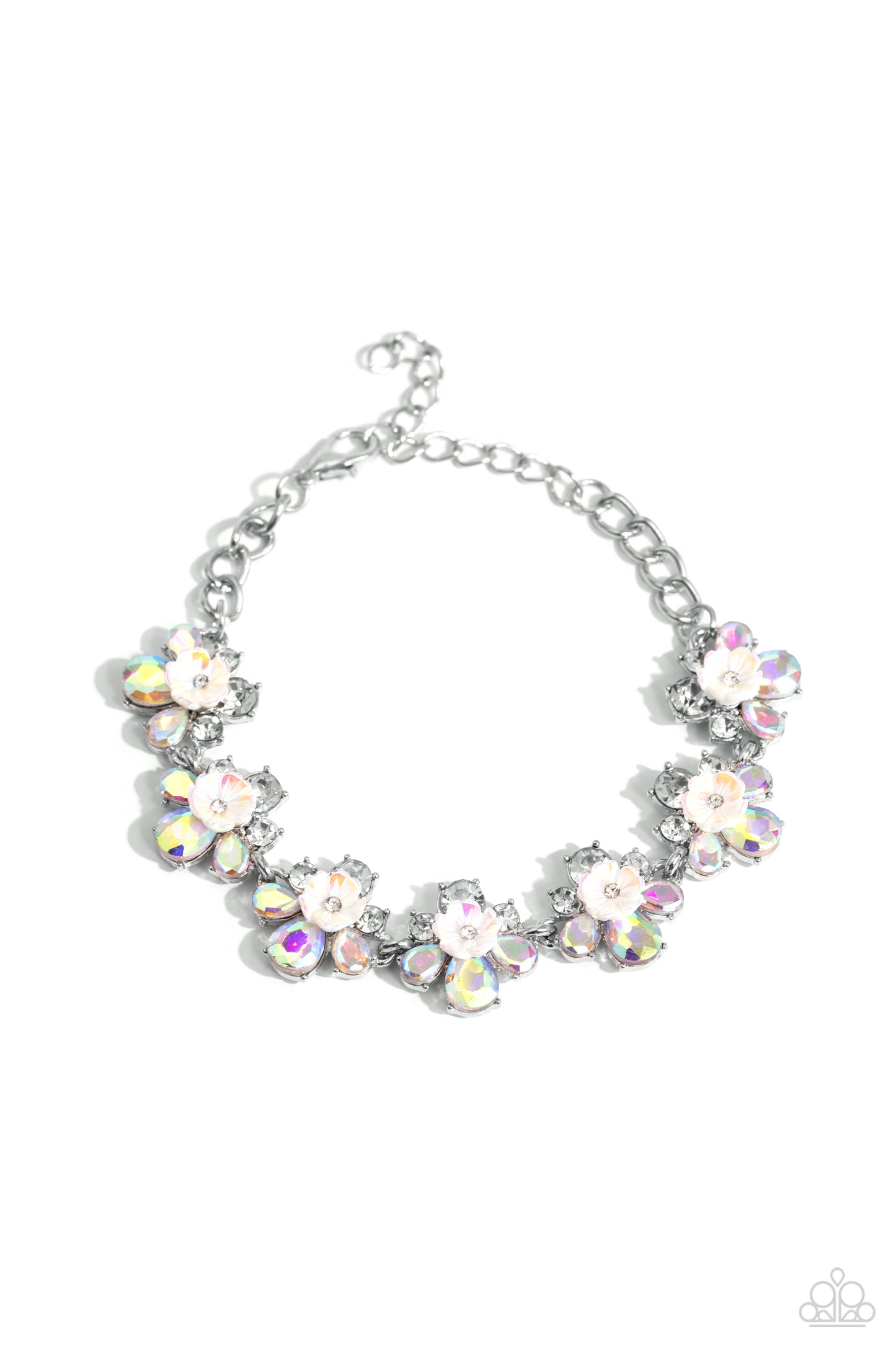 Floral Frenzy - White Iridescent Sheen Flower Bracelet Paparazzi B1429