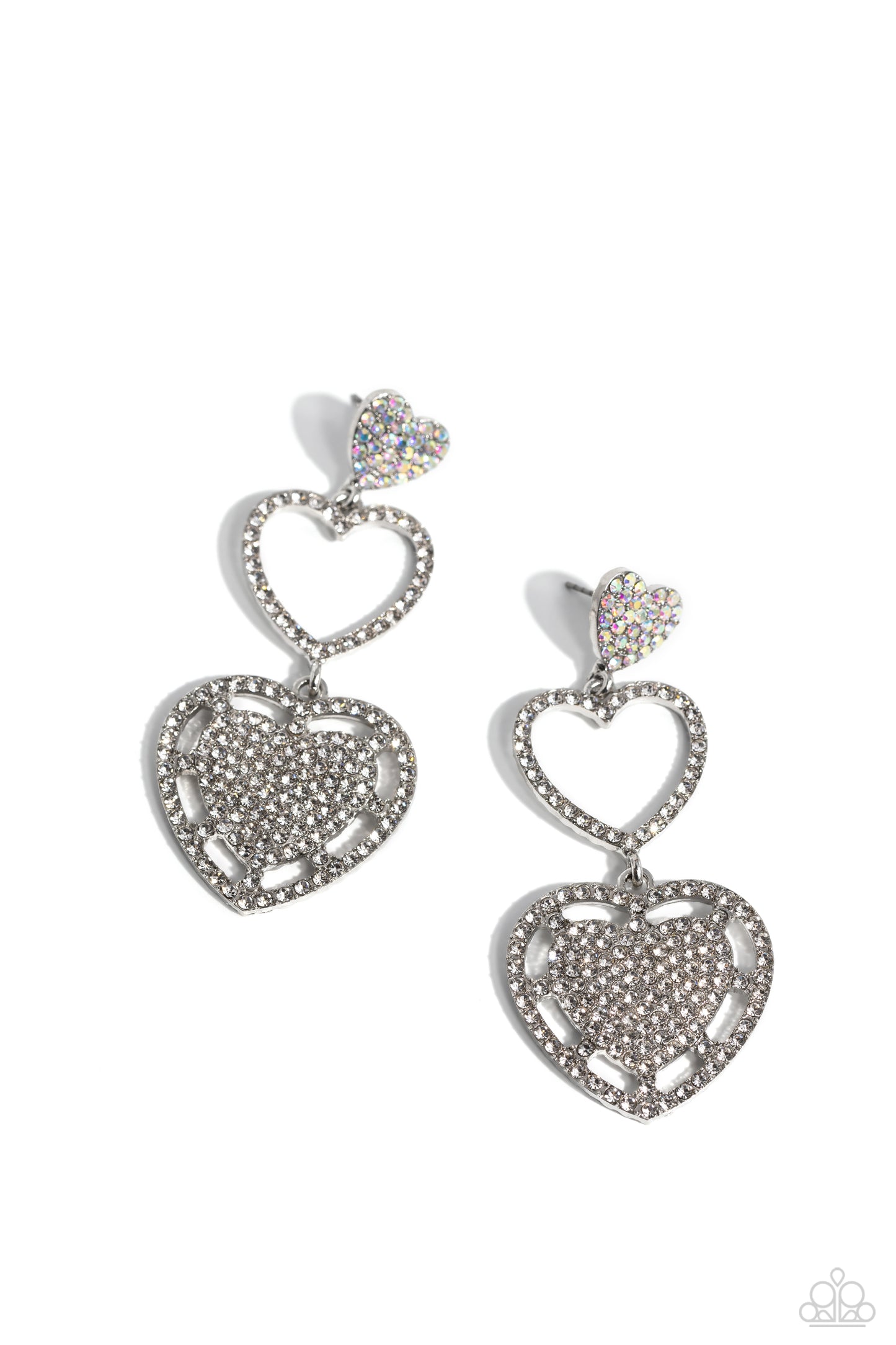 Couples Celebration - White & Iridescent Rhinestone Heart Earring Paparazzi E1760