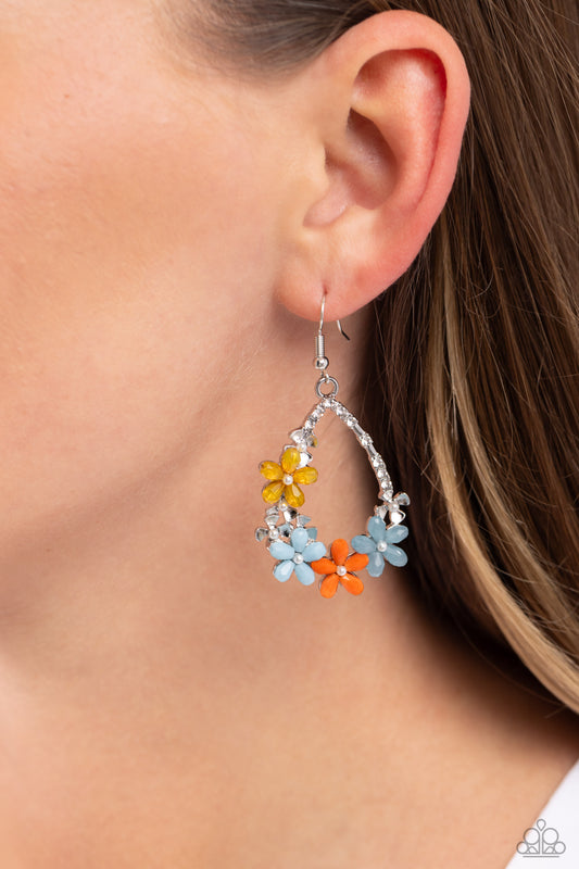 Boisterous Blooms - Multi Yellow, Blue & Orange Flower Earring Paparazzi E1713