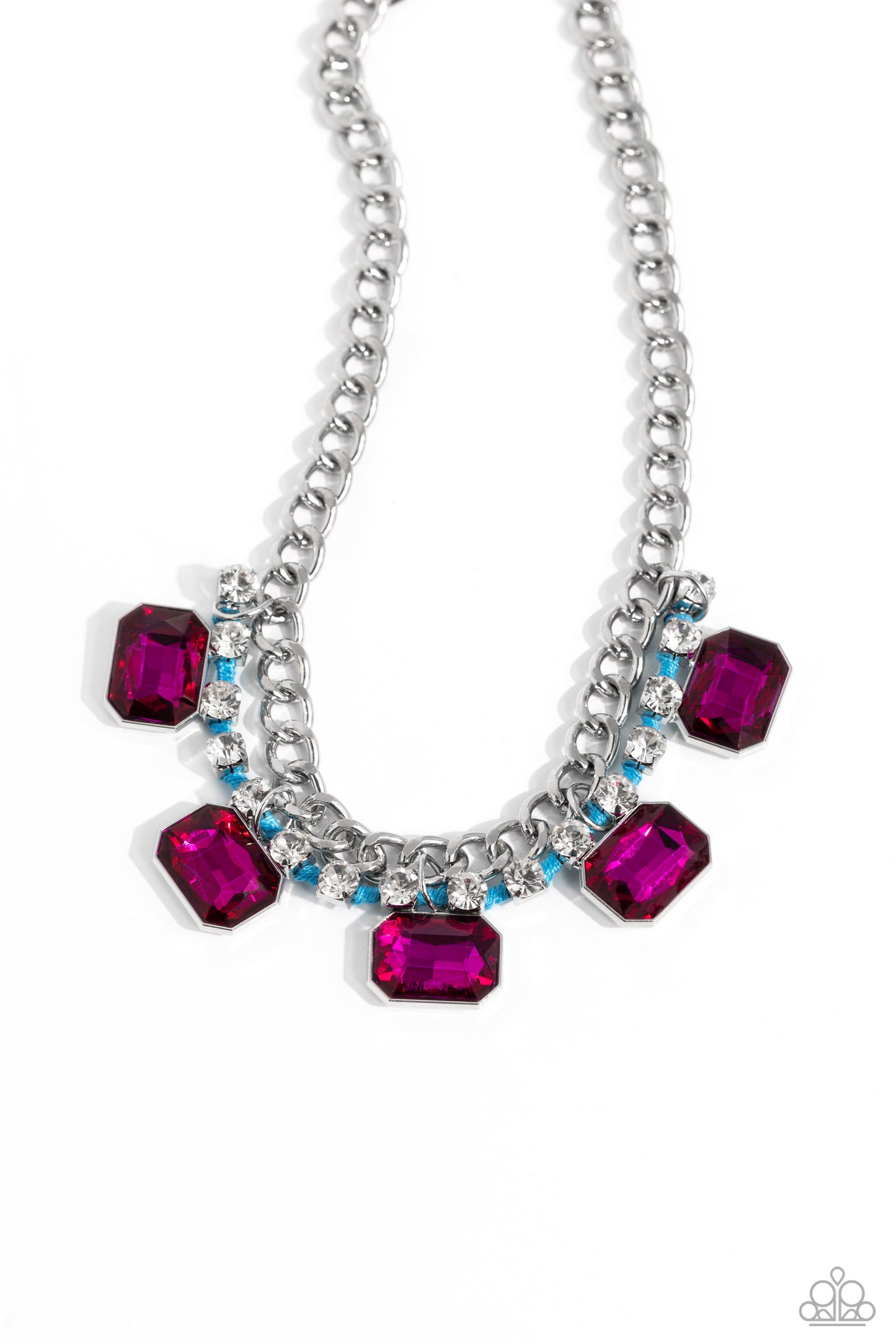 WEAVING Wonder - Blue Cording Pink Emerald Cut Gem Silver Curb Chain Necklace Paparazzi N3013