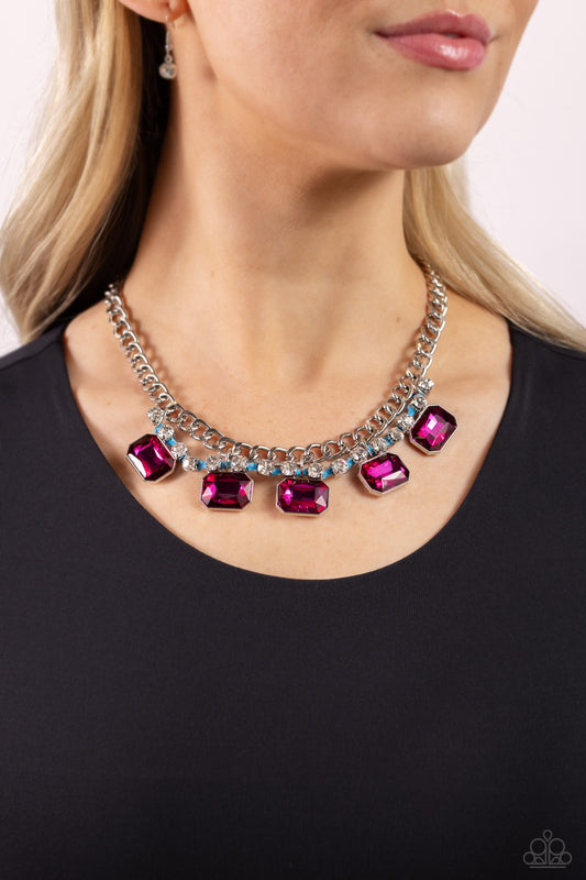 WEAVING Wonder - Blue Cording Pink Emerald Cut Gem Silver Curb Chain Necklace Paparazzi N3013