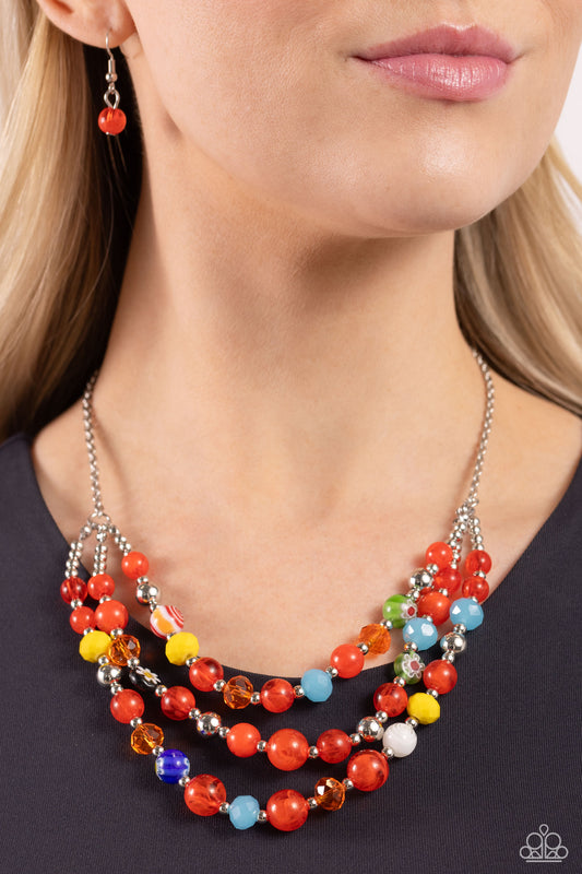 Summer Scope - Red, Floral, Multicolored Bead Layered Colorful Necklace Paparazzi N2100