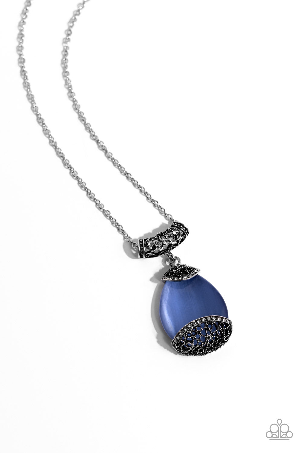 Hypnotic Headliner - Blue Cat's Eye Teardrop Silver Filigree Necklace Paparazzi N2110