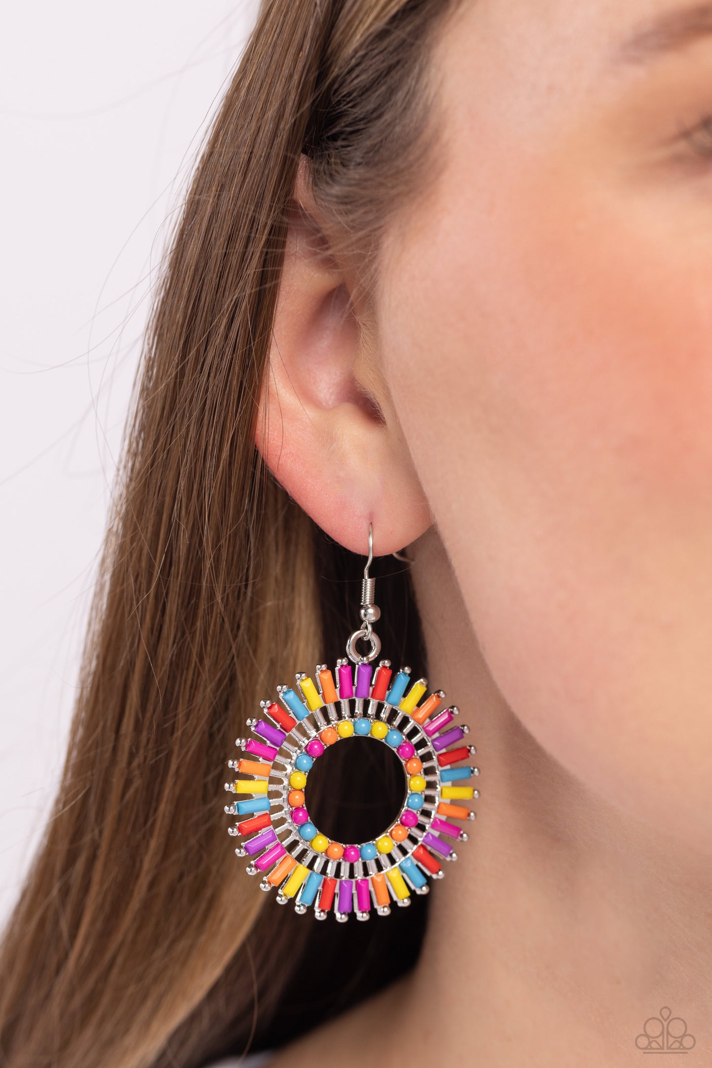 Ferris Wheel Finale - Multi Rainbow Colored Circle Spinning Display Earring Paparazzi E1848