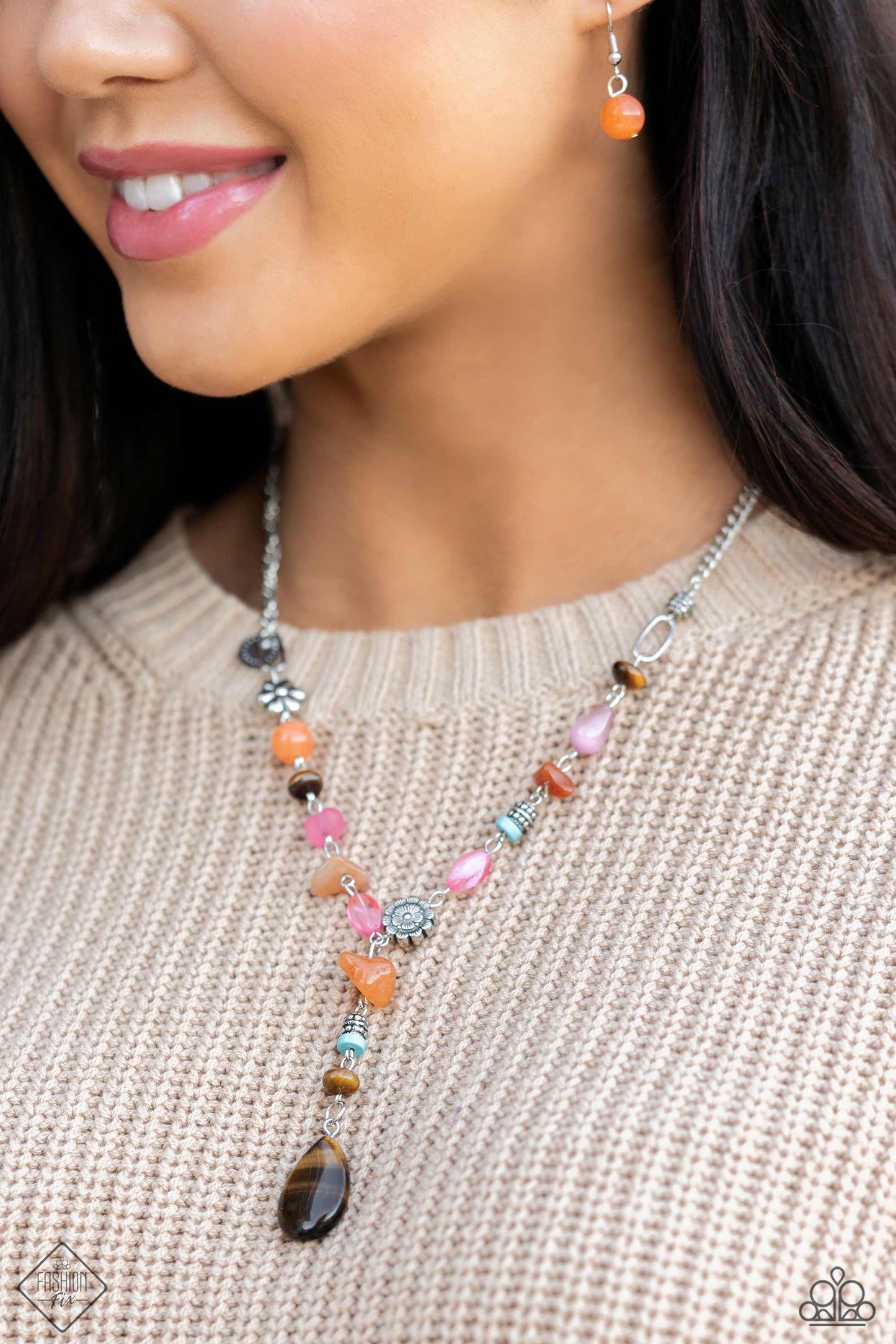 Garden Party Prize - Brown Tiger's Eye, Orange, Pink, Turquoise, Silver Accent Necklace Santa Fe Style Fashion Fix November 2023 Paparazzi N2053