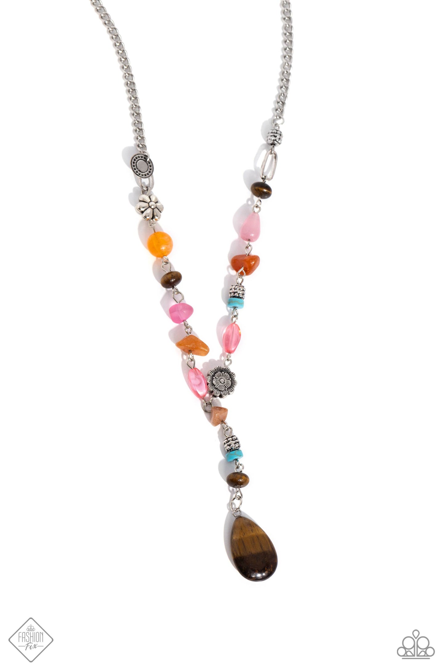 Garden Party Prize - Brown Tiger's Eye, Orange, Pink, Turquoise, Silver Accent Necklace Santa Fe Style Fashion Fix November 2023 Paparazzi N2053