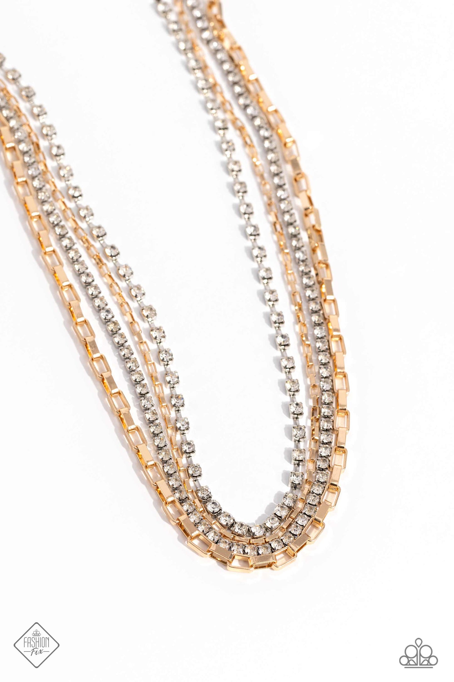 SQUARE Necessities - Multi Gold Box Chain, White Rhinestone, Silver Necklace Fashion Fix February 2024 Paparazzi N2143