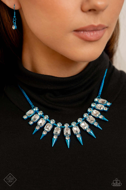 Punk Passion - Blue Metal White Gem Metallic Spike Necklace Fashion Fix December 2023 Paparazzi N2059