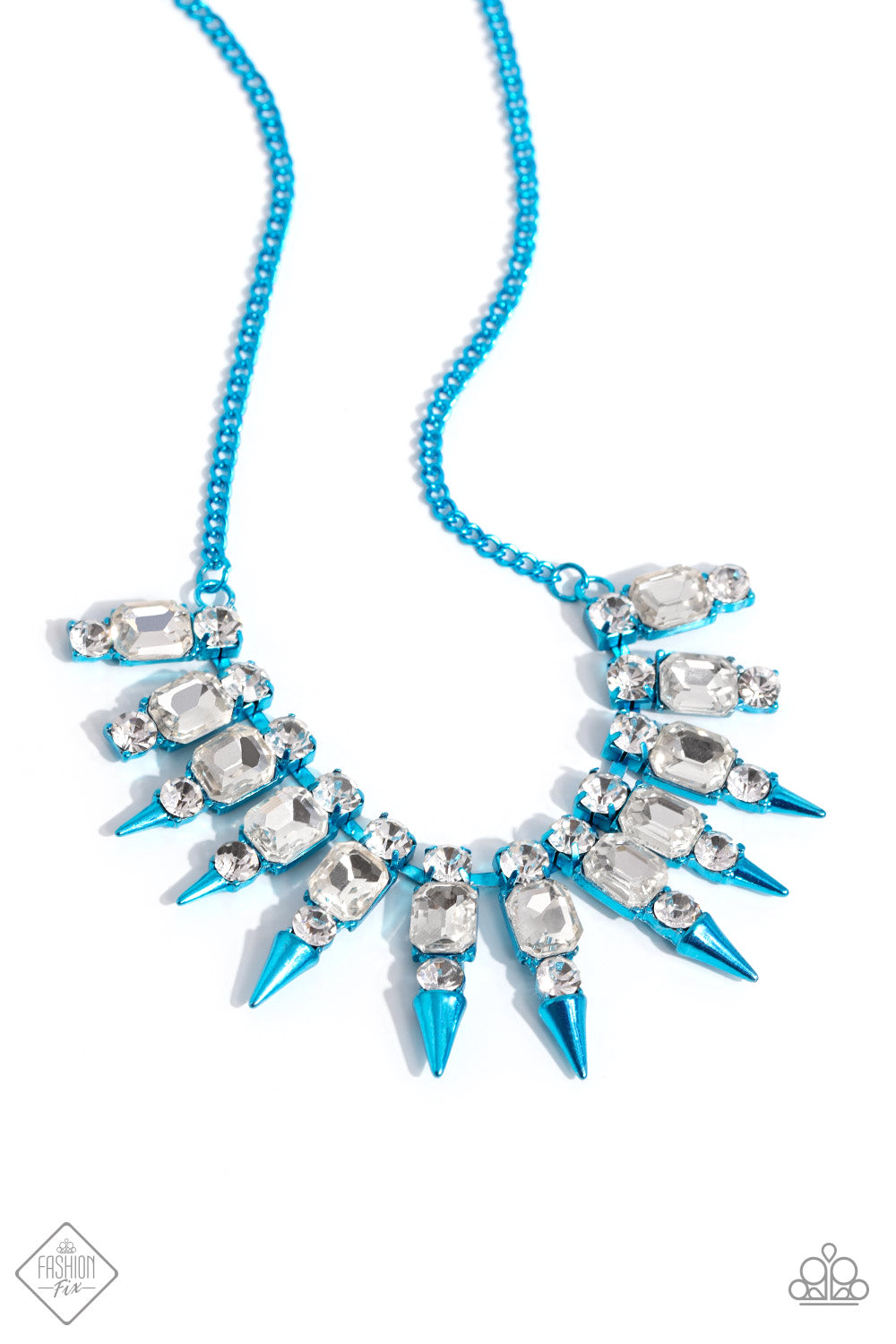 Punk Passion - Blue Metal White Gem Metallic Spike Necklace Fashion Fix December 2023 Paparazzi N2059