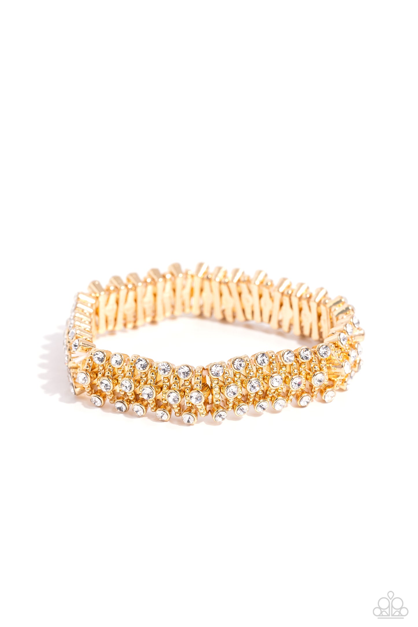 Corporate Confidence - Gold & Whie Rhinestone Glitzy Stretch Bracelet Paparazzi B1395