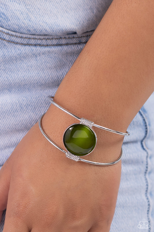 Candescent Cats Eye - Green Cat's Eye Stone Silver Cuff Bracelet Paparazzi B0293