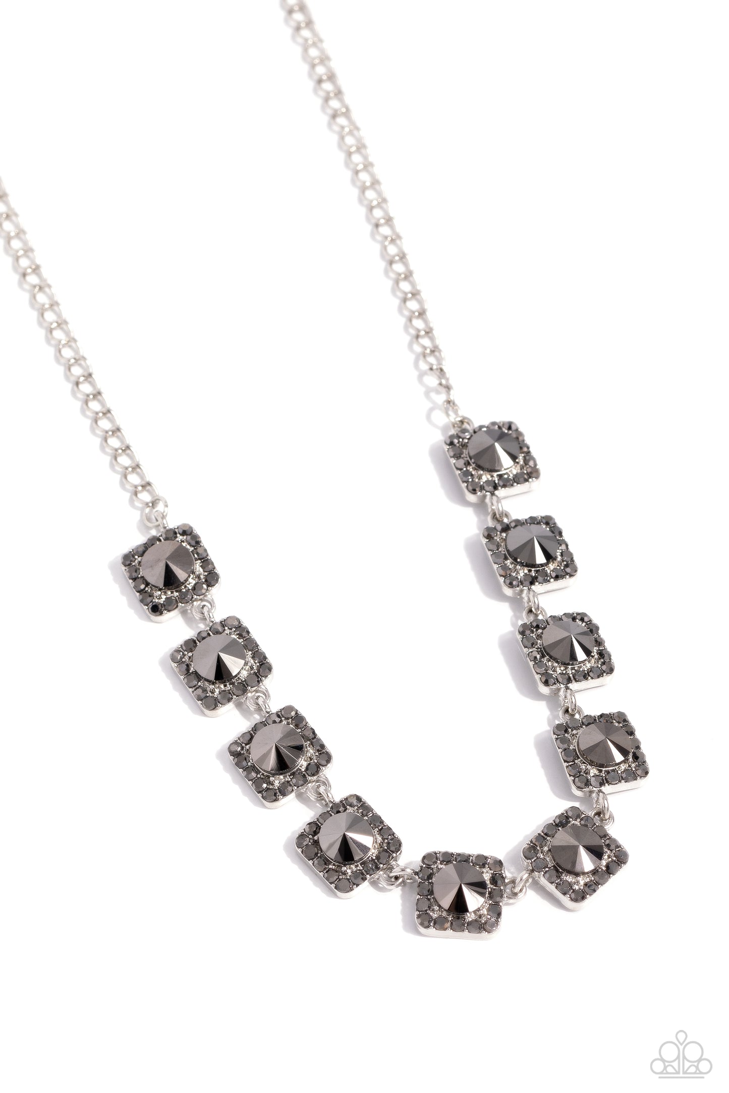 Jump SQUARE - Silver Frame Hematite Rhinestone Necklace Paparazzi N3017