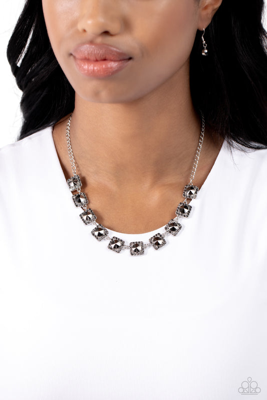 Jump SQUARE - Silver Frame Hematite Rhinestone Necklace Paparazzi N3017