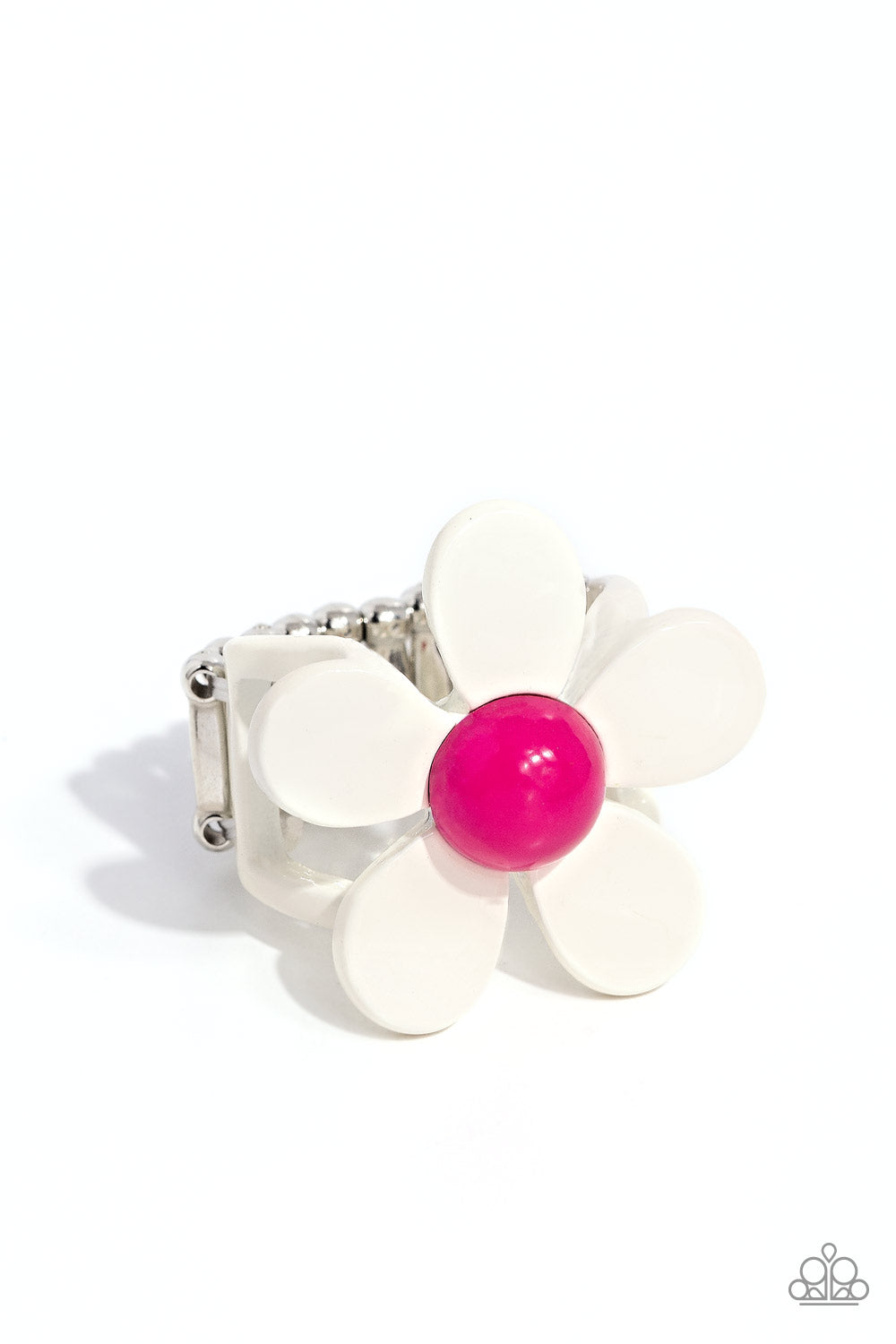 Groovy Genre - White Petals & Pink Peacock Center Flower Ring Paparazzi R0481