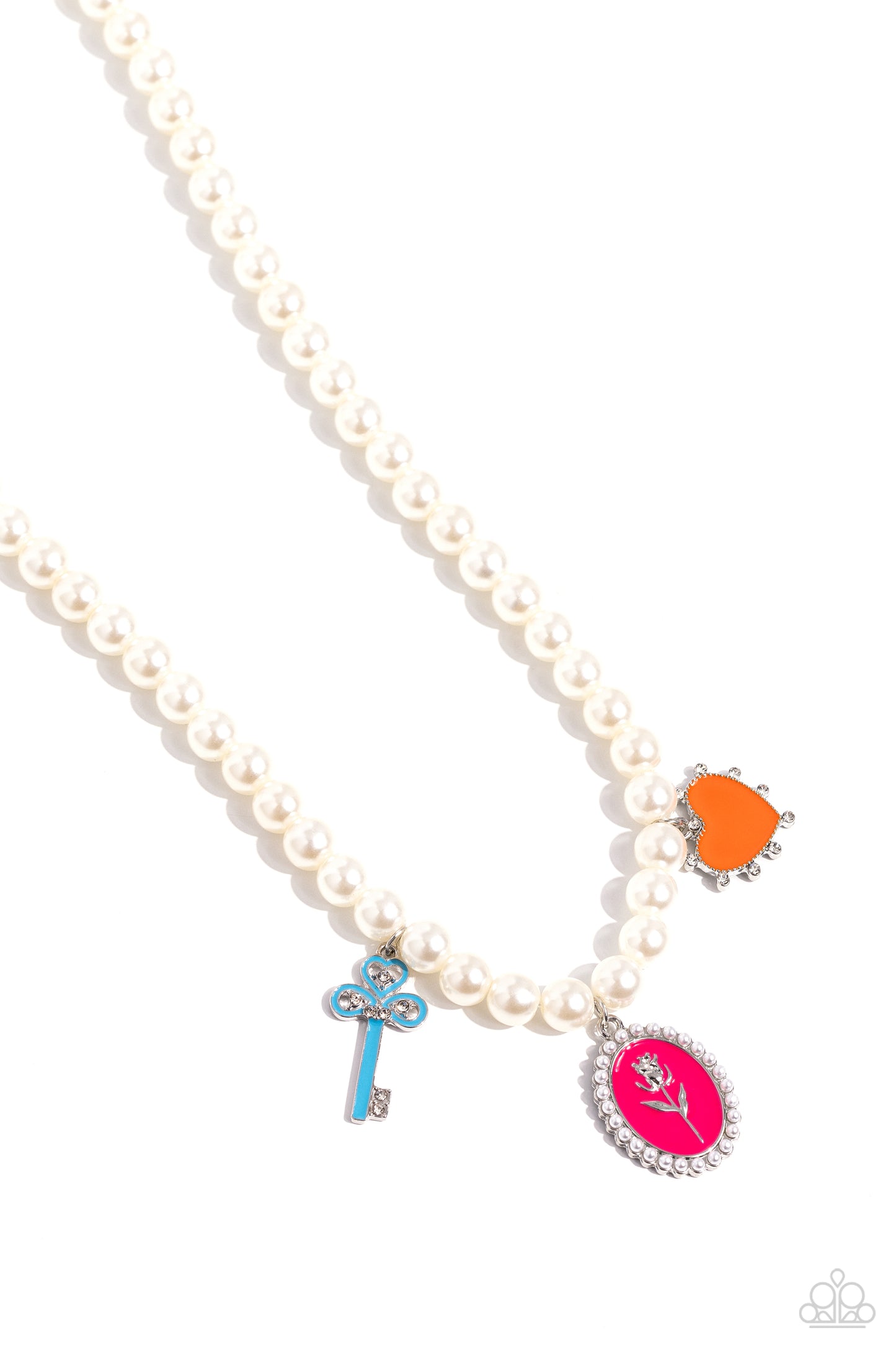 Charming Collision - Multi Colored Charm Key, Rose, Heart White Pearl Necklace Paparazzi N3048