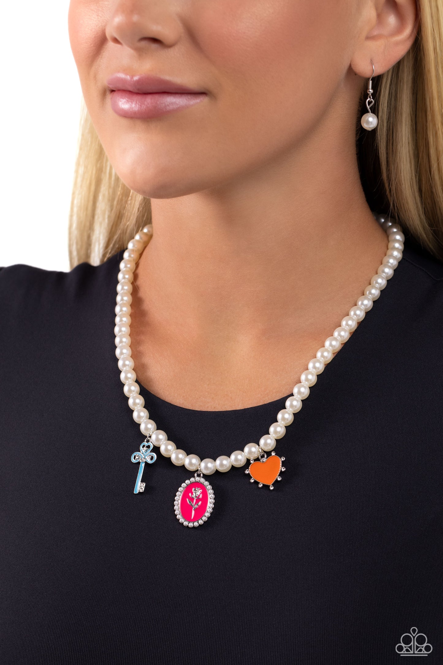 Charming Collision - Multi Colored Charm Key, Rose, Heart White Pearl Necklace Paparazzi N3048