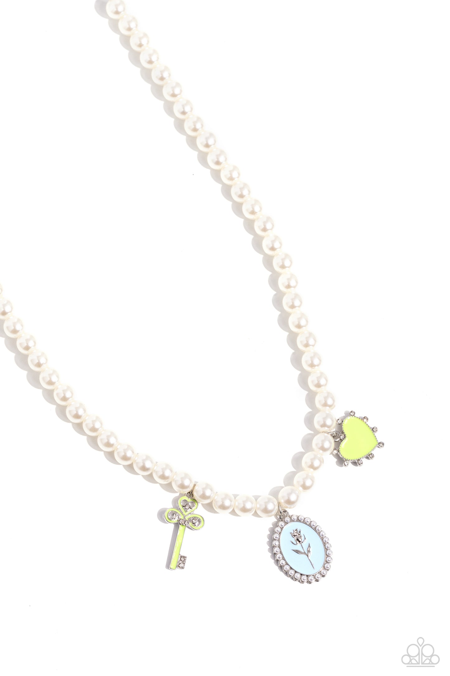 Charming Collision - Green & Blue Charm - Key, Rose, Heart - White Pearl Necklace Paparazzi N3040