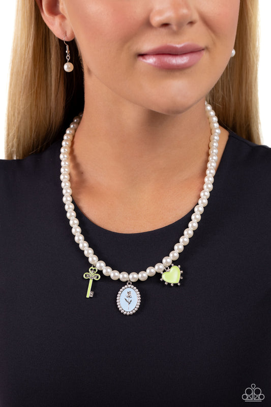 Charming Collision - Green & Blue Charm - Key, Rose, Heart - White Pearl Necklace Paparazzi N3040