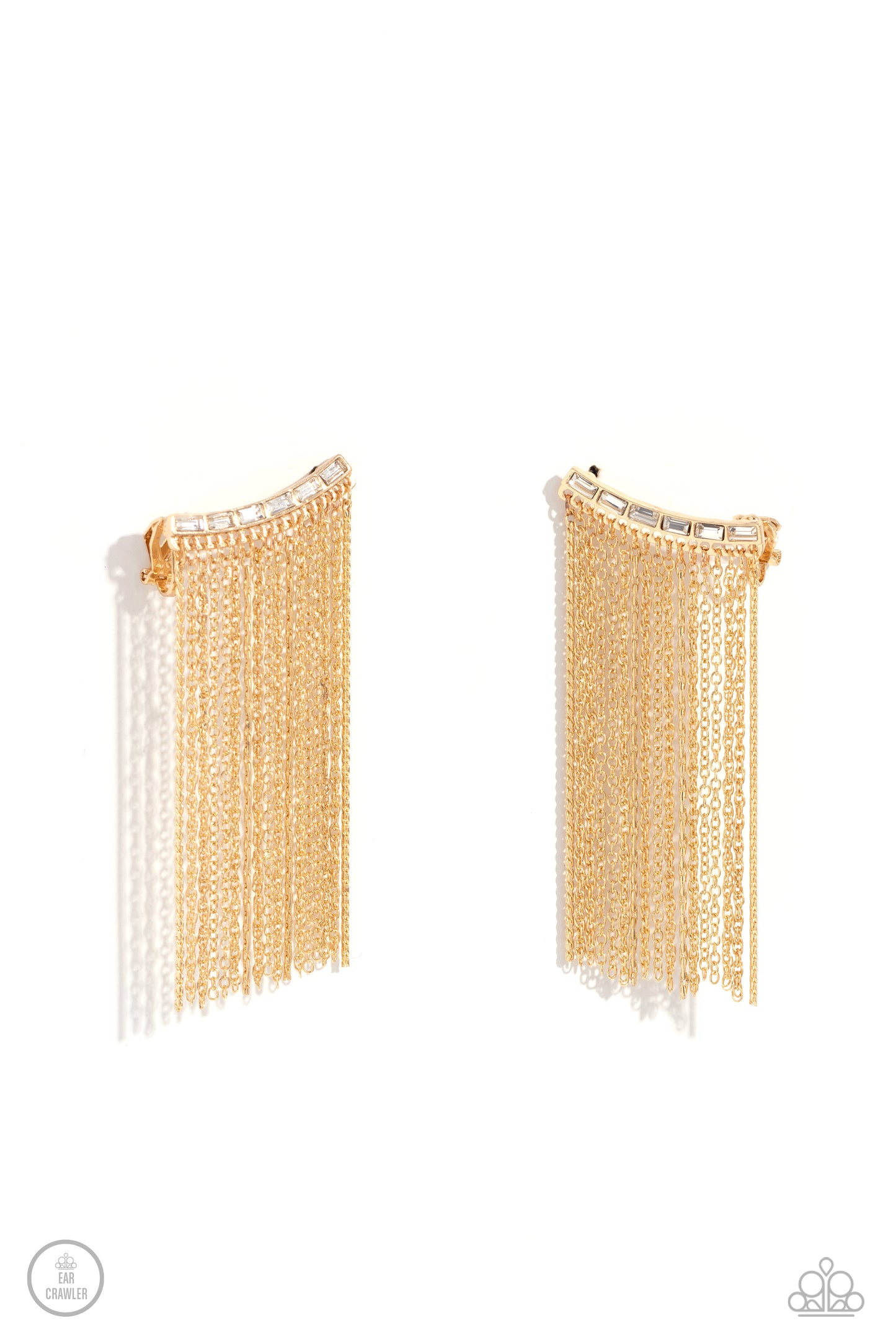 Feuding Fringe - Gold Chain White Gem Ear Crawler Earring Paparazzi E1886