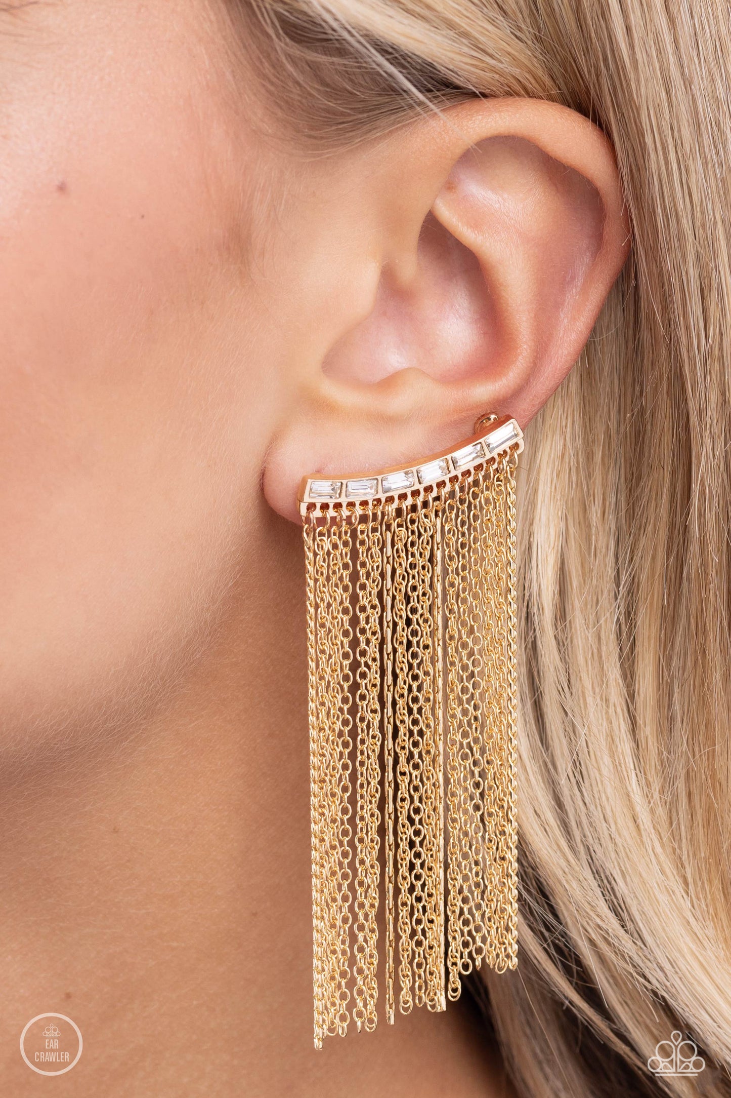 Feuding Fringe - Gold Chain White Gem Ear Crawler Earring Paparazzi E1886