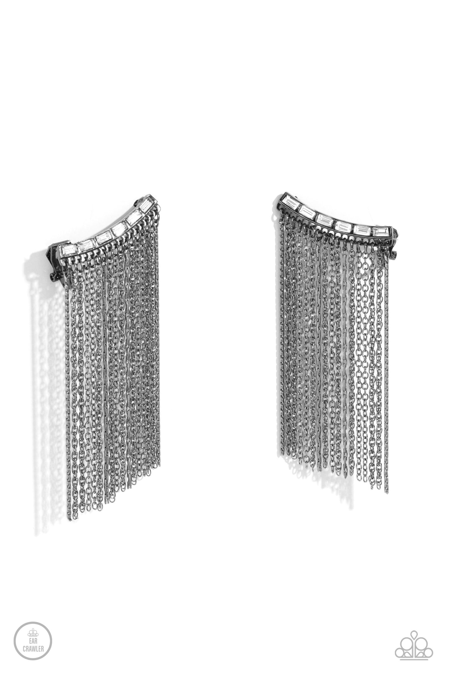 Feuding Fringe - Black Gunmetal Chain White Gem Ear Crawler Paparazzi E1795