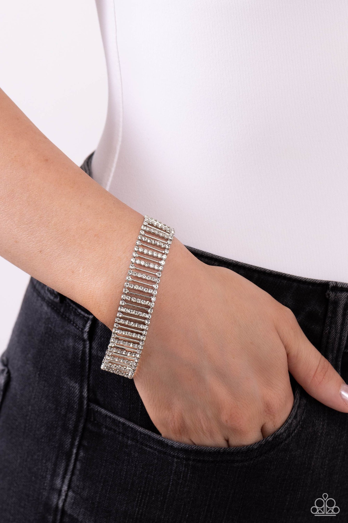 Elusive Elegance - White Rhinestone Silver Bar Bracelet Paparazzi B1294