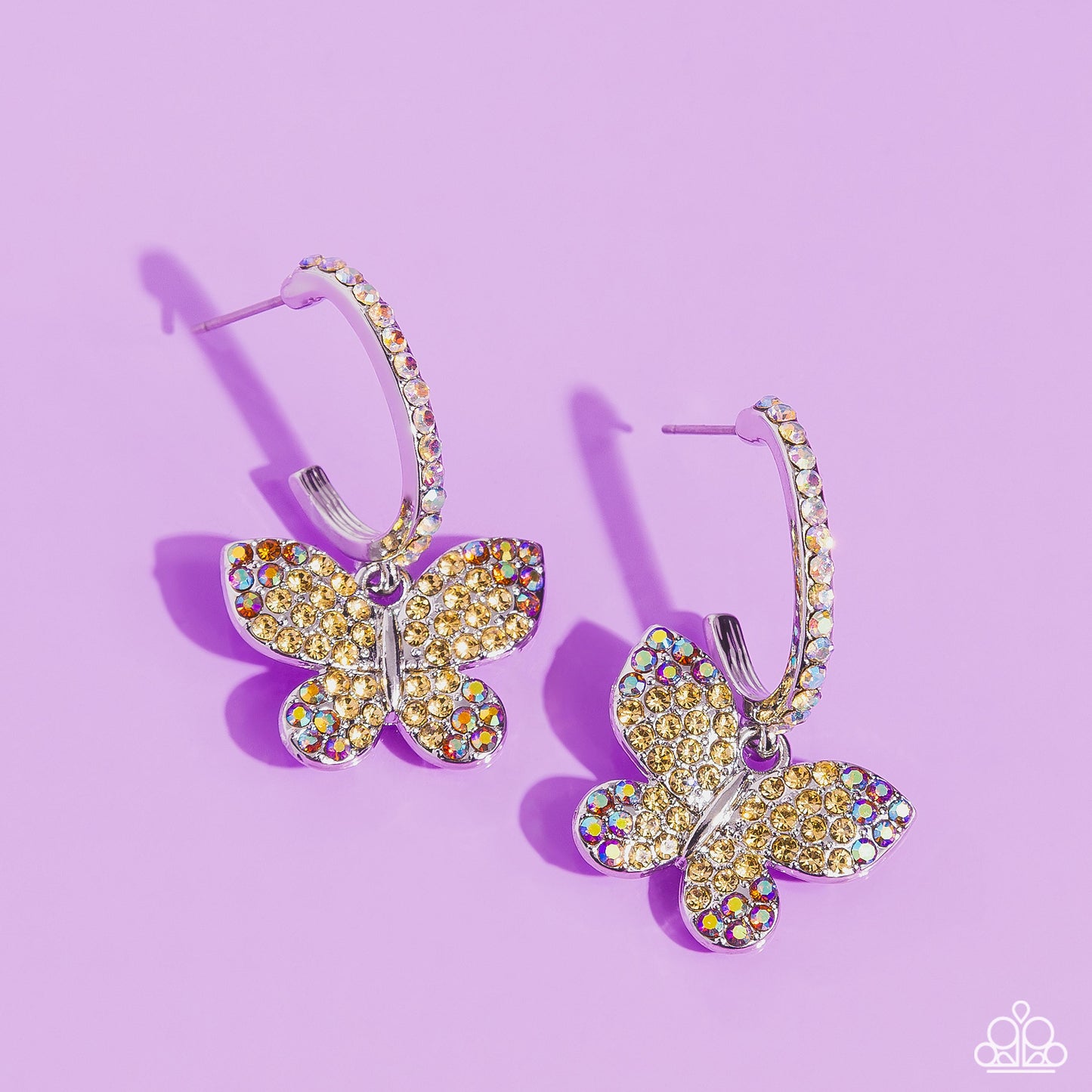 Whimsical Waltz - Yellow & Iridescent Rhinestone Butterfly Earrings Paparazzi E1676