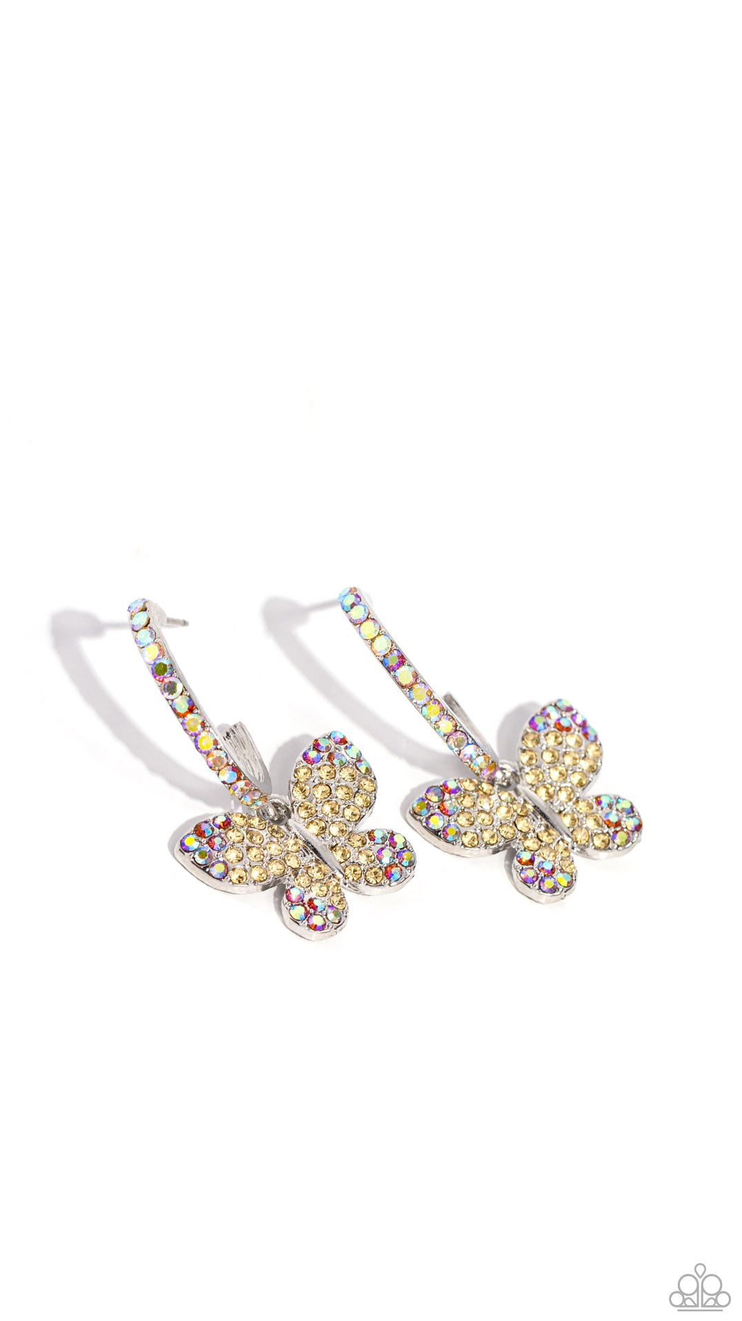Whimsical Waltz - Yellow & Iridescent Rhinestone Butterfly Earrings Paparazzi E1676