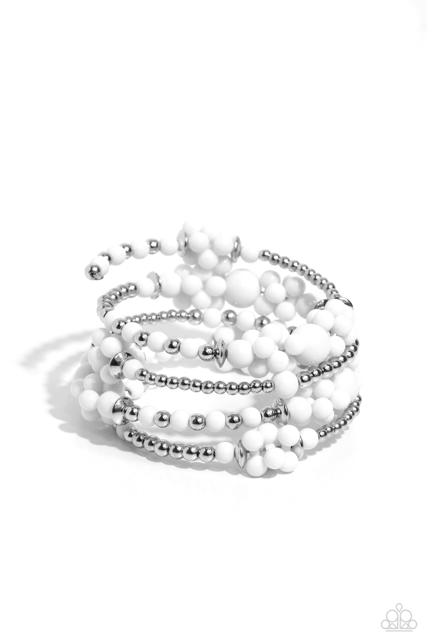 Compelling Clouds - White Bead Clusters & Silver Infinity Wrap Style Coil Bracelet Paparazzi B1637