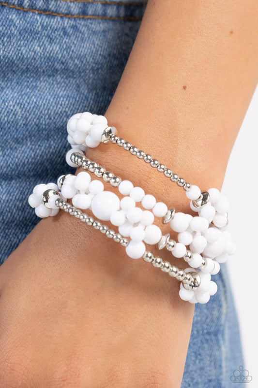 Compelling Clouds - White Bead Clusters & Silver Infinity Wrap Style Coil Bracelet Paparazzi B1637