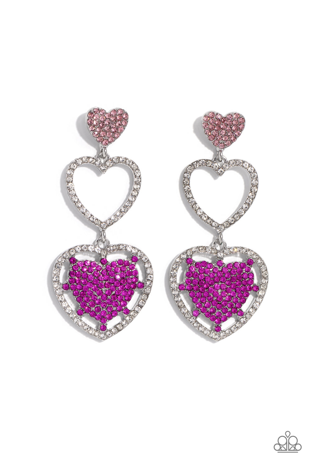 Couples Celebration - Pink Light Rose, Fuchsia & White Rhinestone Heart Post Earring Paparazzi E1732