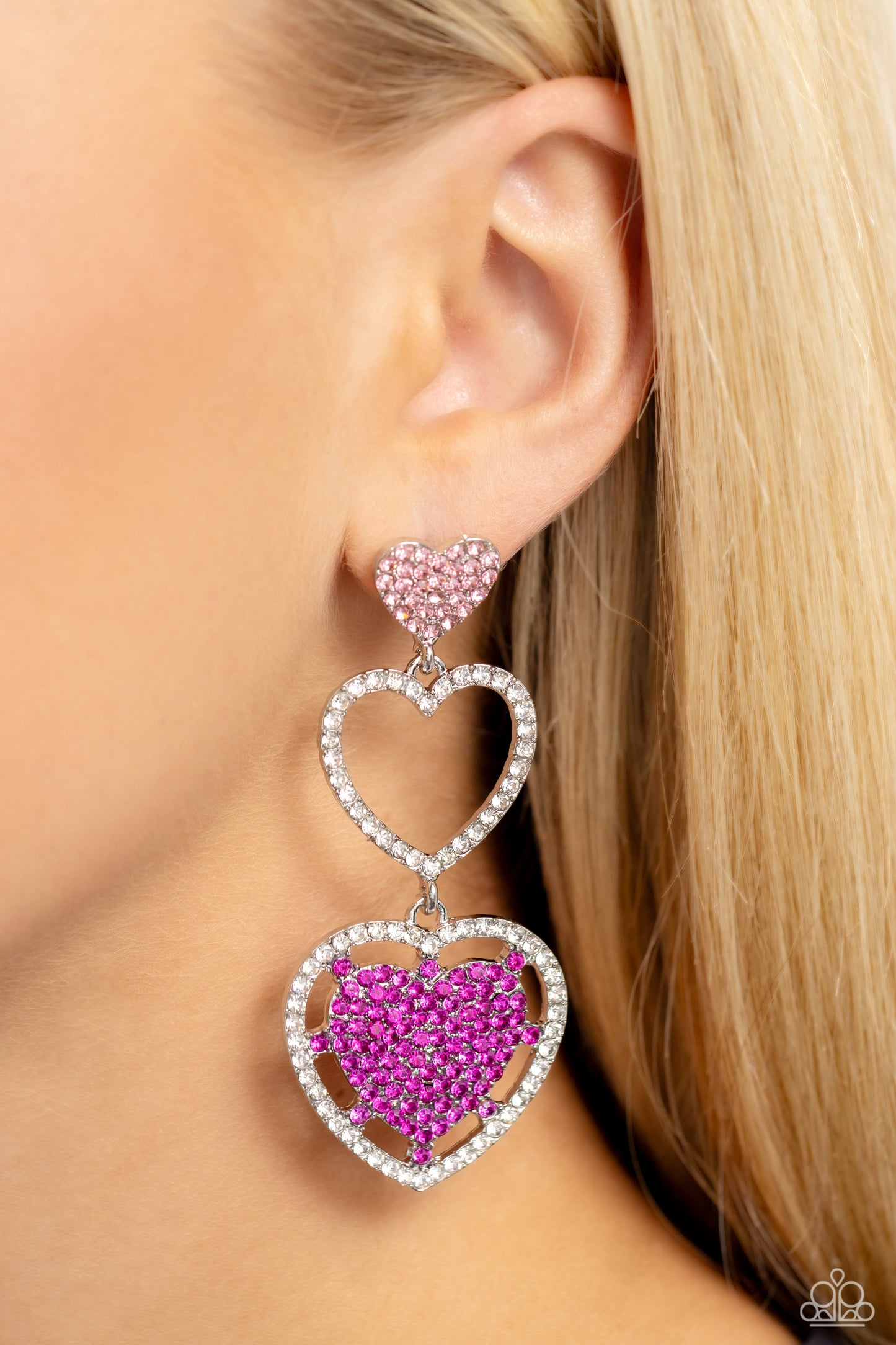 Couples Celebration - Pink Light Rose, Fuchsia & White Rhinestone Heart Post Earring Paparazzi E1732