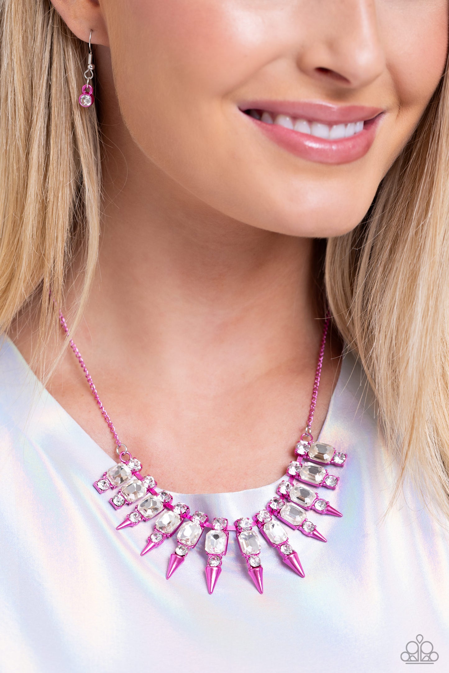 Punk Passion - Pink Electric Metal White Gem Necklace Paparazzi N2125