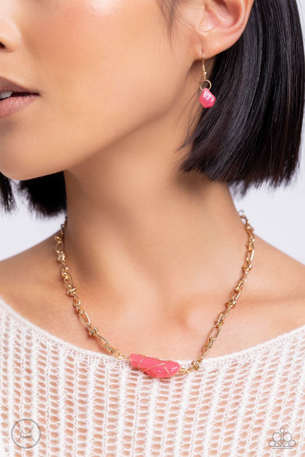 Cavern Class - Pink Stone Gold Chain Choker Necklace Paparazzi N2055