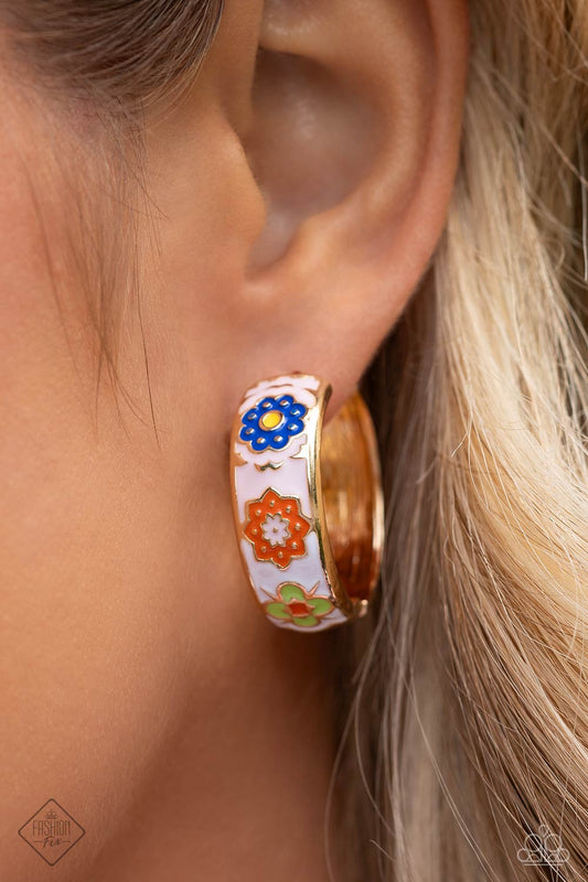 Multicolored Makeover - Gold & Hand Painted Floral 1 Inch Hoop Hinge Earring Fashion Fix December 2023 Paparazzi E1785