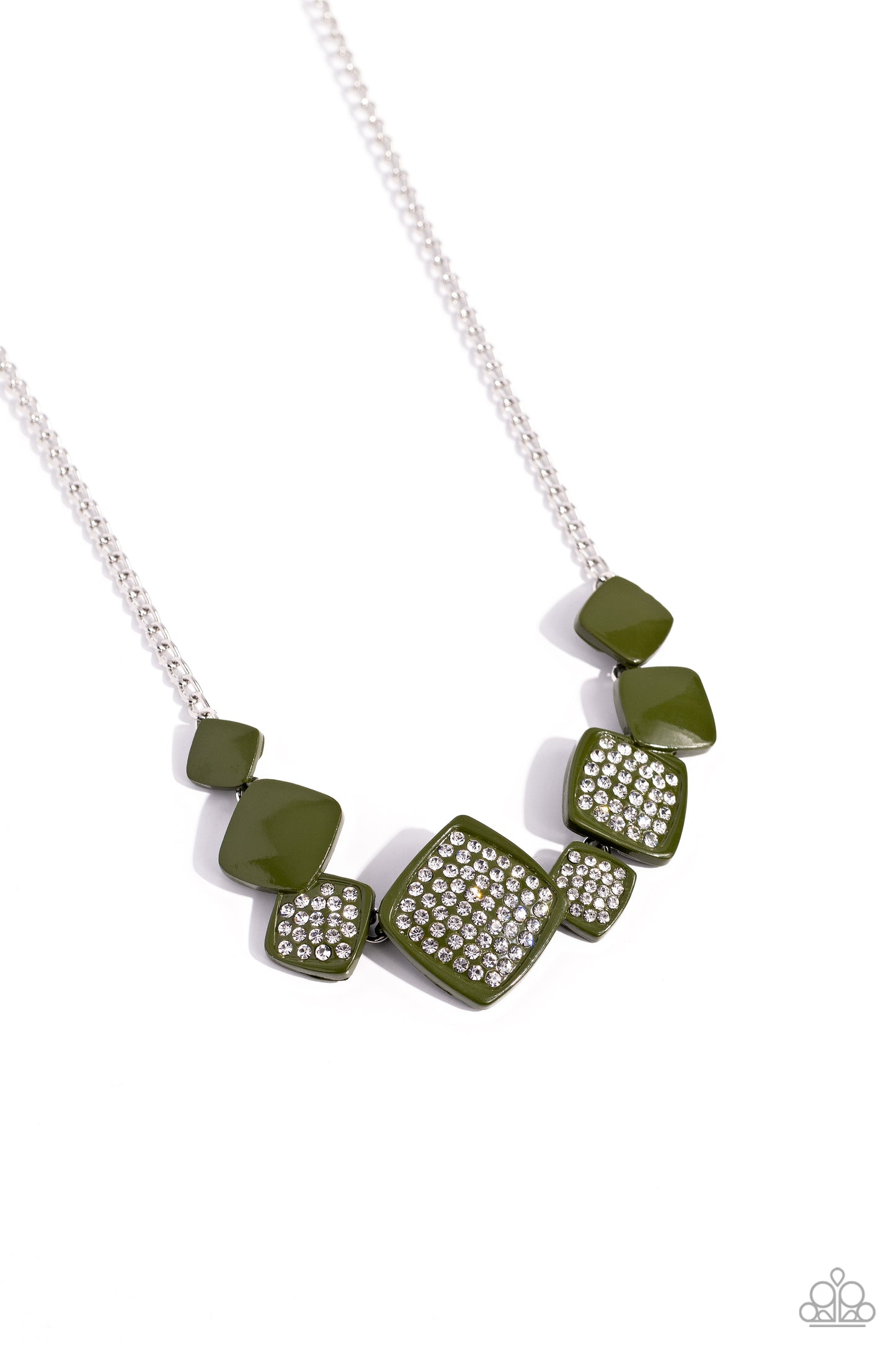 Twinkling Tables - Green - Olive Green Painted Square White Rhinestone Embossed Necklace Paparazzi N2036