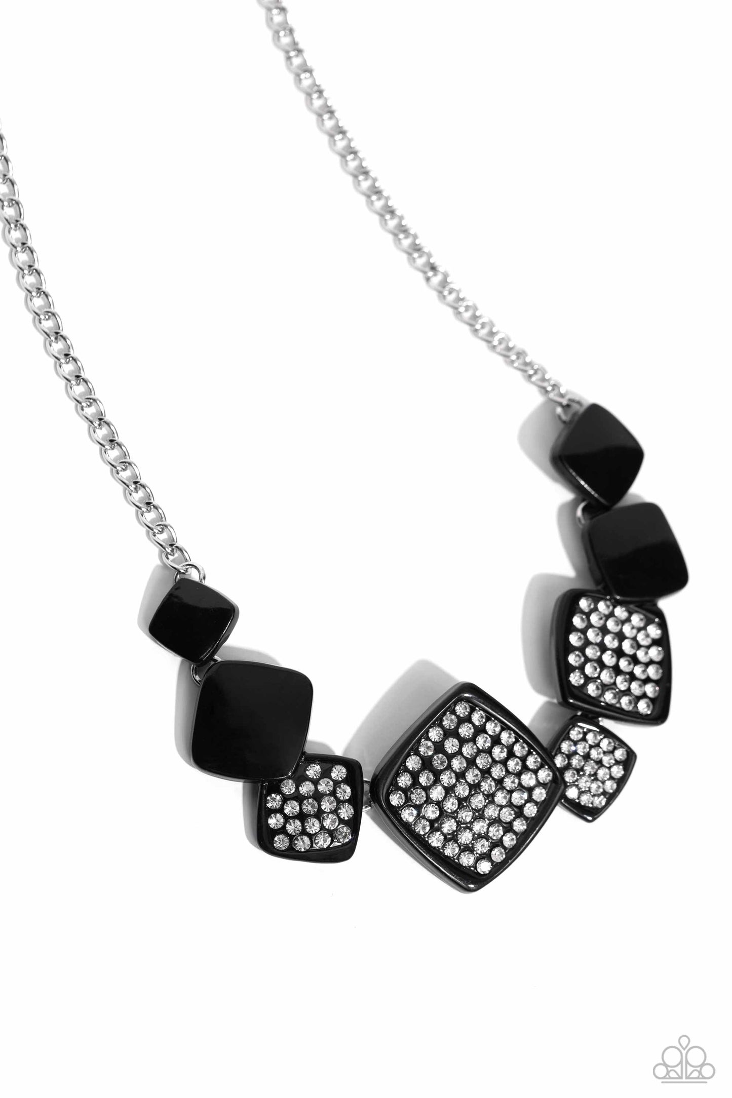 Twinkling Tables - Black Painted Square White Rhinestone Embossed Necklace Paparazzi N2064