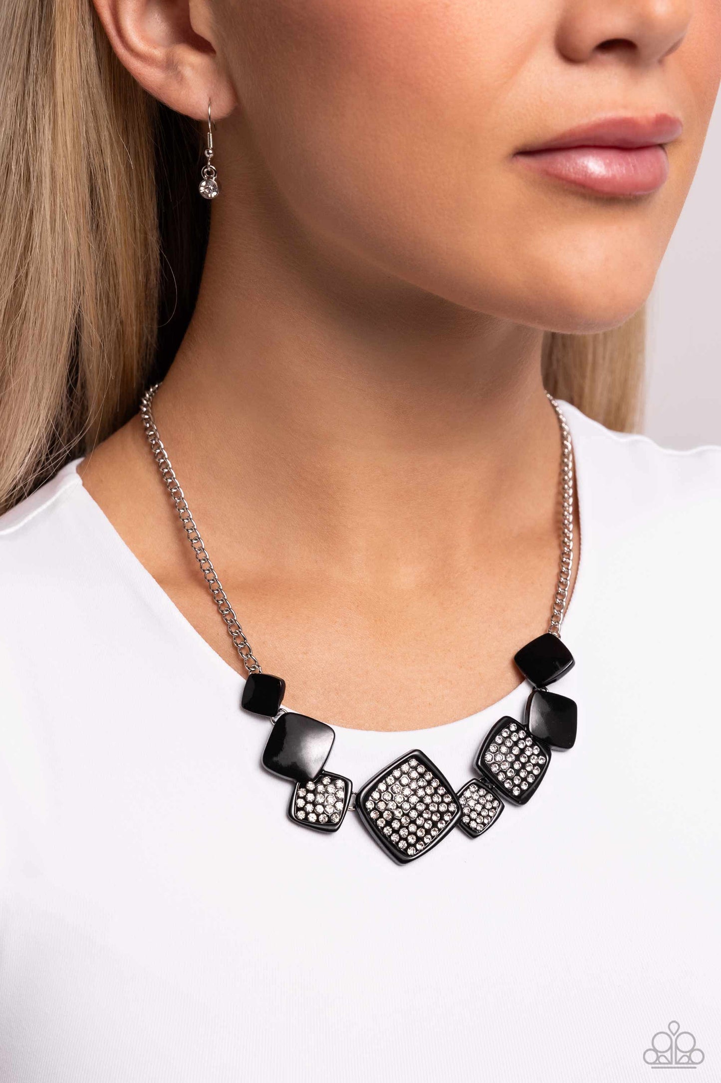 Twinkling Tables - Black Painted Square White Rhinestone Embossed Necklace Paparazzi N2064