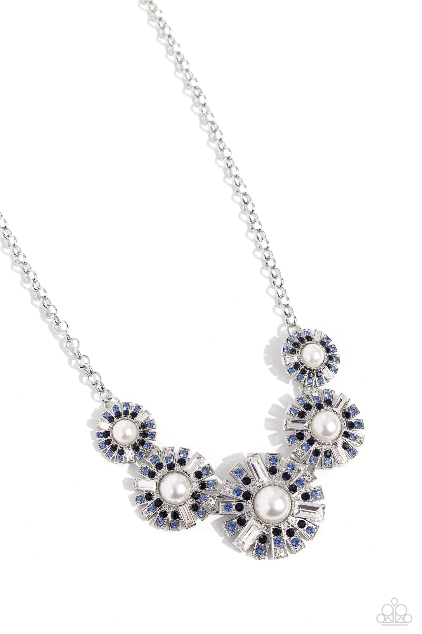 Gatsby Gallery - Blue & White Rhinestone Fanning Frame Necklace Paparazzi N3025