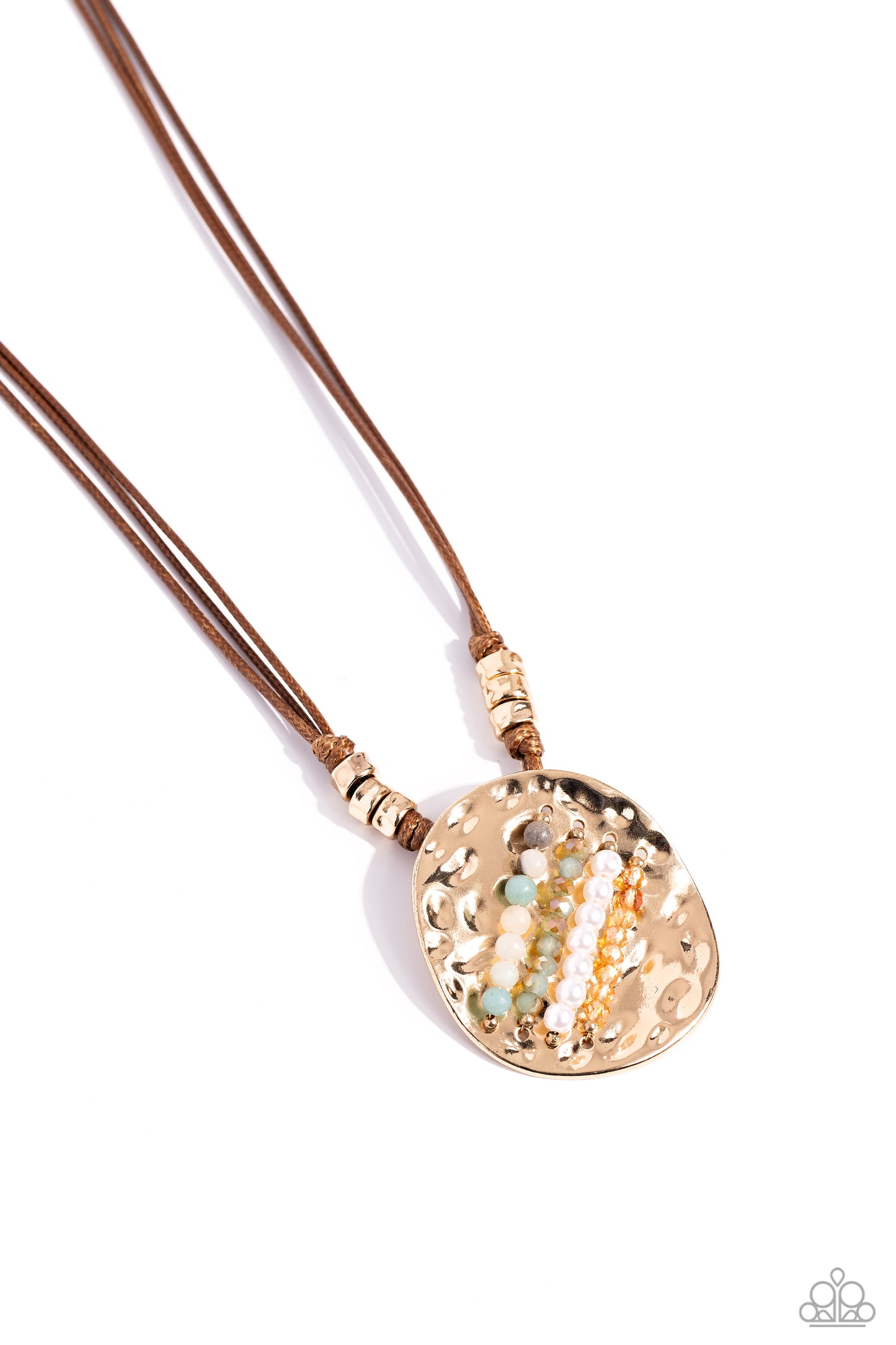 Handcrafted Hallmark - Gold, Multicolored Stone, White Pearls On Hammered Pendant Necklace Paparazzi N2130