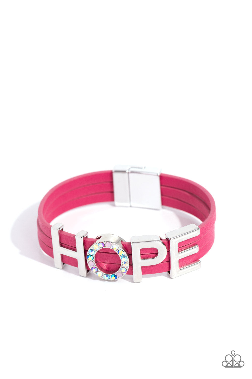 Hopeful Haute - Pink - Hot Pink Leather Strand Silver Letter "HOPE" Inspirational Bracelet Paparazzi B1390