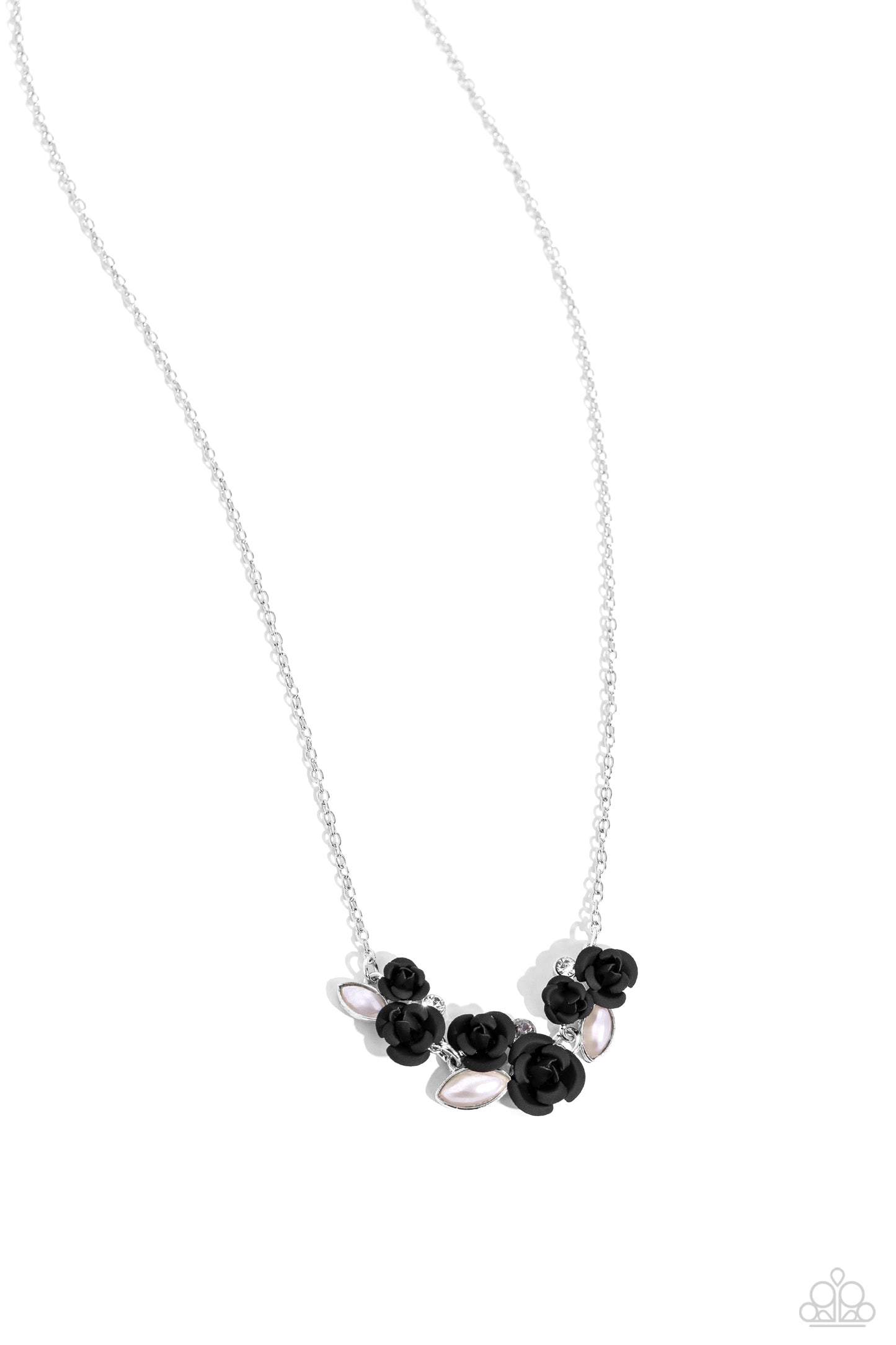 Al-ROSE Ready - Black Matte Rose, White Rhinestone & Pearl Necklace Paparazzi N3018