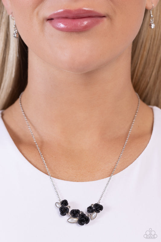 Al-ROSE Ready - Black Matte Rose, White Rhinestone & Pearl Necklace Paparazzi N3018