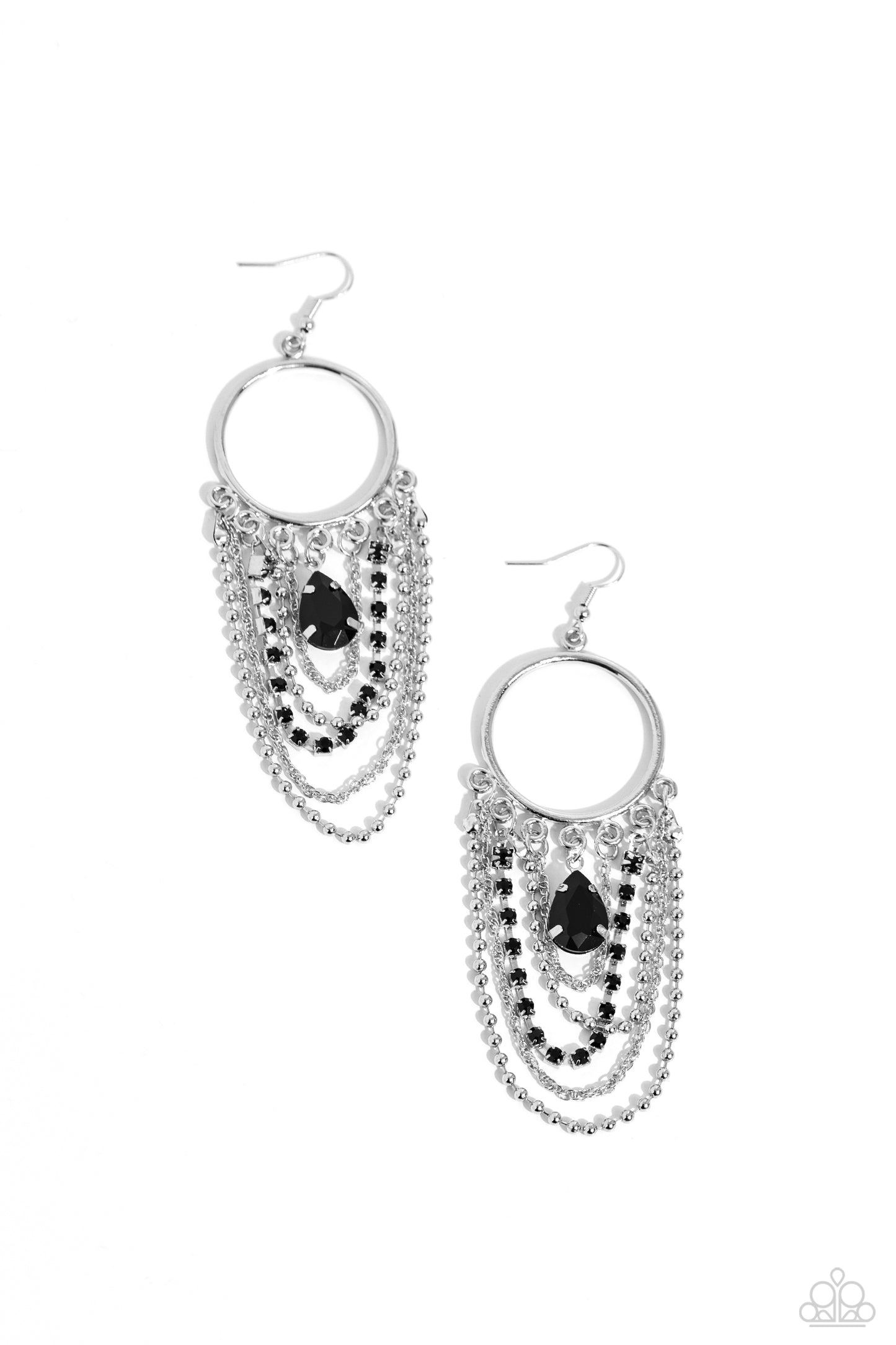 Cascading Clash - Black Rhinestone Silver Chain Chandelier Earring Paparazzi E1712